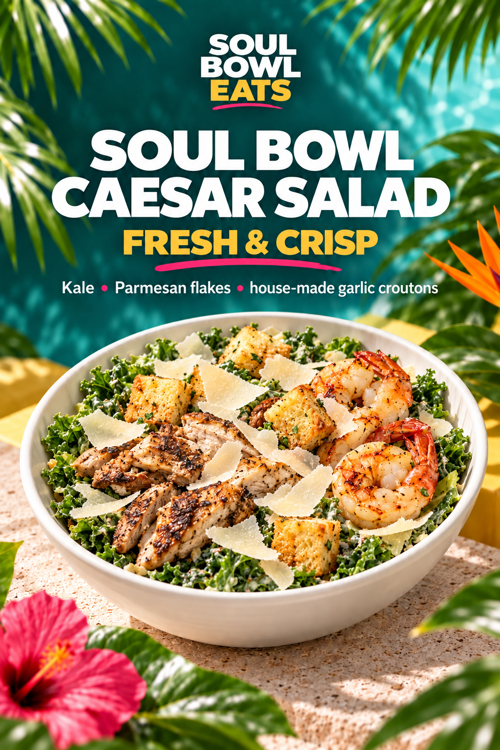 Soul Bowl Eats Caesar salad with kale, shaved Parmesan flakes and house-made garlic croutons.