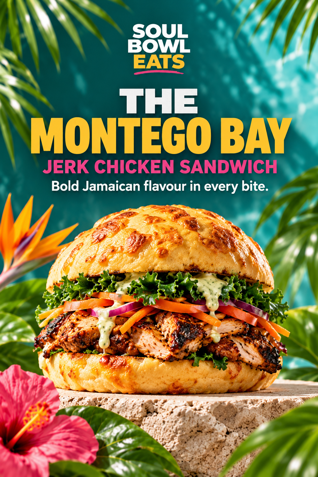 Soul Bowl Eats The Montego Bay jerk chicken sandwich with kale, carrots and sauce.
