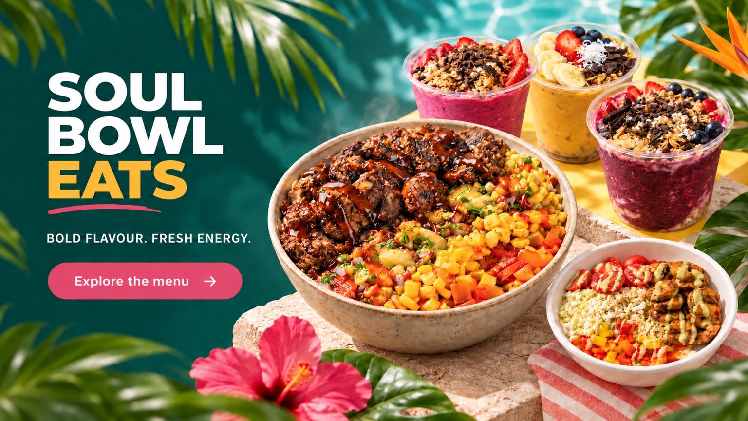 Soul Bowl Eats: jerk chicken and shrimp bowls with colourful smoothie bowls.